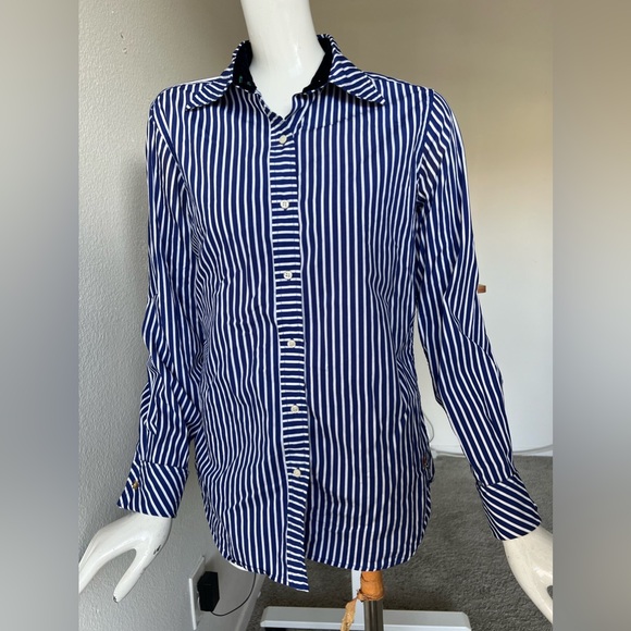 Tommy Hilfiger Women Size 4 Blue/white Striped Shirt Flip Cuff - Super Cute! - Picture 14 of 15